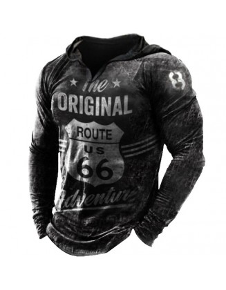 US Route 66 Men's Outdoor Long-sleeved Hooded T-shirt
