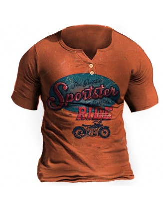 Men's Vintage Motorcycle Print Henley T-Shirt