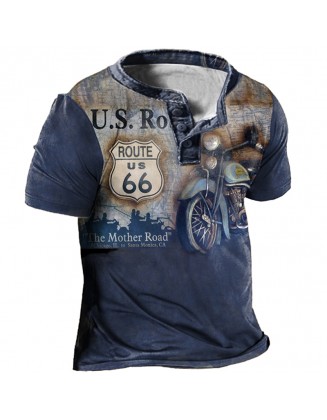 Route 66 Motorcycle Vintage Print Men's Outdoor Henley Collar T-Shirt