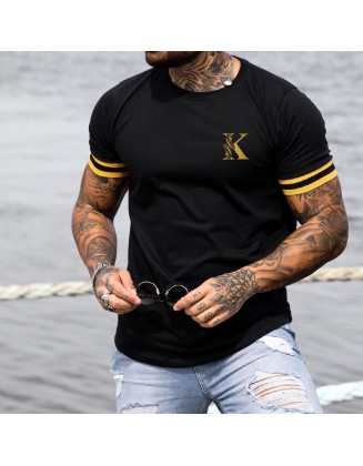 Men's Fashion K Print Color Matching Casual Slim Fit Short Sleeve T-Shirt