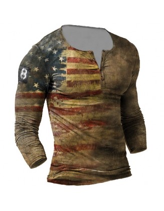 Mens Outdoor Tactical American Flag Print Long Sleeve V-Neck Top