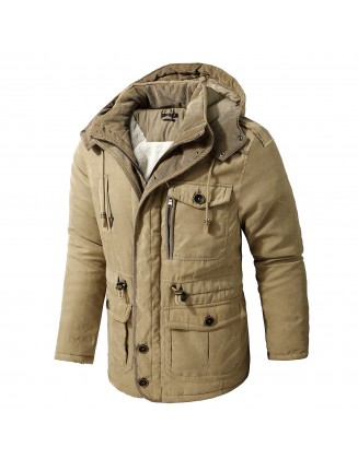 Men's Cashmere Hooded Thickened Multi Pocket Casual Coat Padded Jacket