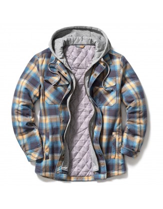 Men's Check Quilted Cotton Warm Hooded Shirt Jacket