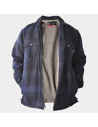 Men's Outdoor Retro Checkered Plus Velvet Warm Shirt Collar Jacket